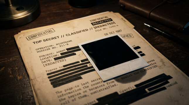 Top Secret Document with Polaroid Photo: A classified document marked Top Secret lies on a desk, a blank Polaroid photograph obscuring a section of its redacted text.