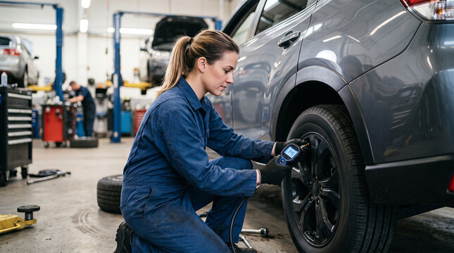 Female mechanic in blue overalls checks tire pressure with a digital gauge in a well lit auto repair shop