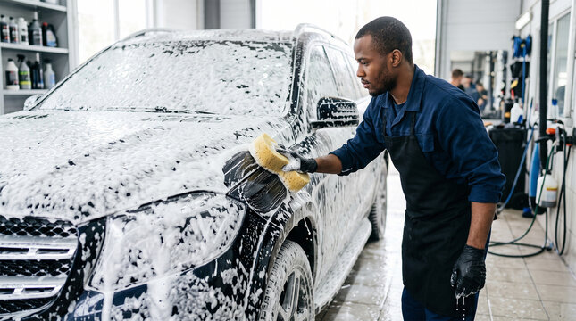 Professional car wash worker meticulously cleaning a luxury vehicle covered in thick white foam with a large sponge