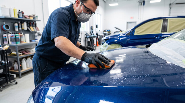 Auto detailer wearing mask and gloves polishes a shiny blue car hood in a clean workshop environment