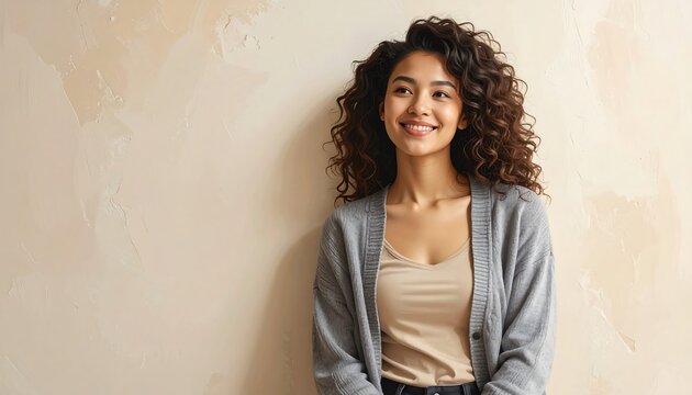 Portrait of a woman with curly hair, smiling and looking upwards, wearing a cardigan over a camisole. Soft, neutral background
