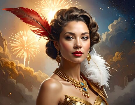 Portrait of a woman with curly hair, wearing ornate jewelry and a feather, set against a backdrop of fireworks and clouds