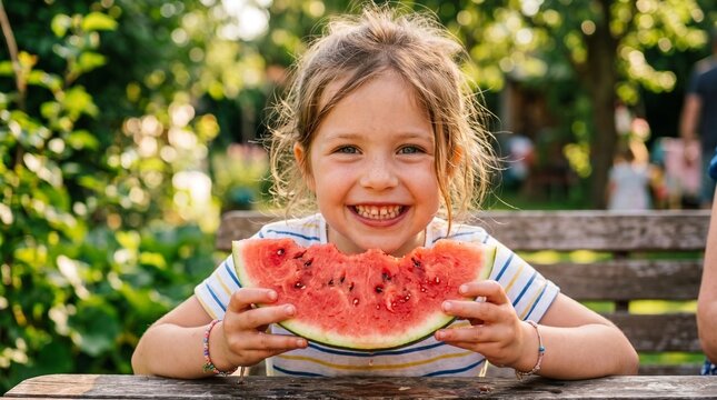 Joyful young girl with freckles smiles brightly while holding a large slice of juicy watermelon outdoors