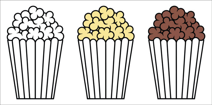 Popcorn bucket vector icon collection featuring cinema snack symbols, movie theater entertainment, fresh popped corn serving, concession food, and film night icons in modern flat and silhouette styles