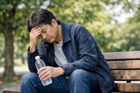熱中症か夏の屋外で頭を抱えぐったりする男性