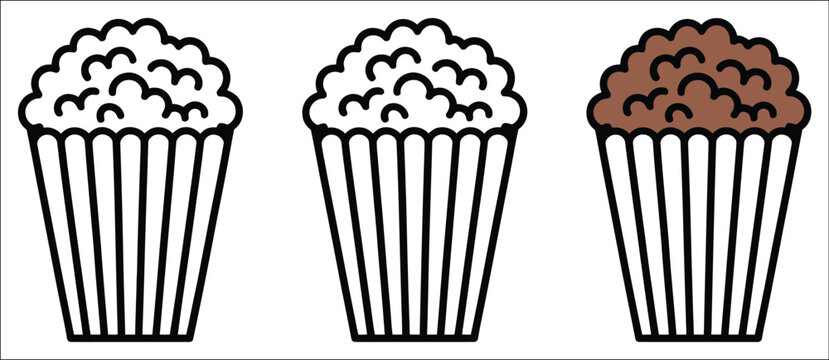 Popcorn bucket vector icon collection featuring cinema snack symbols, movie theater entertainment, fresh popped corn serving, concession food, and film night icons in modern flat and silhouette styles