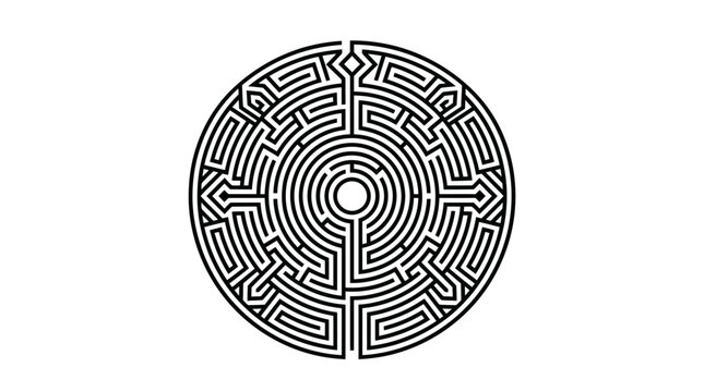 Circular black and white labyrinth maze design.