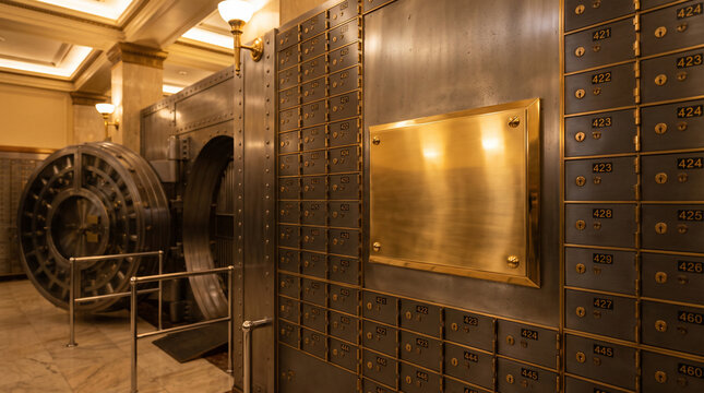 Inside a Bank Vault: A secure bank vault interior showcases a massive vault door and numerous safety deposit boxes, hinting at wealth and financial security.