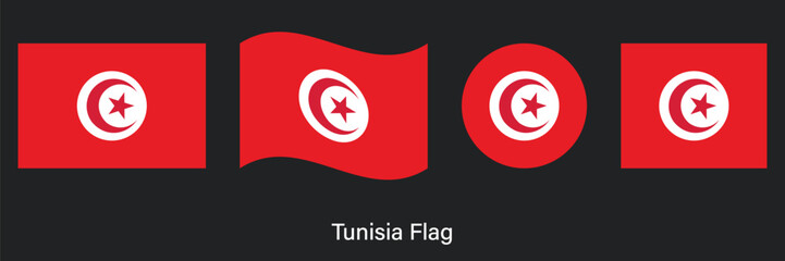 Obraz premium Tunisia Flag Set with Waving, Circle and Rectangle Shapes Vector Illustration