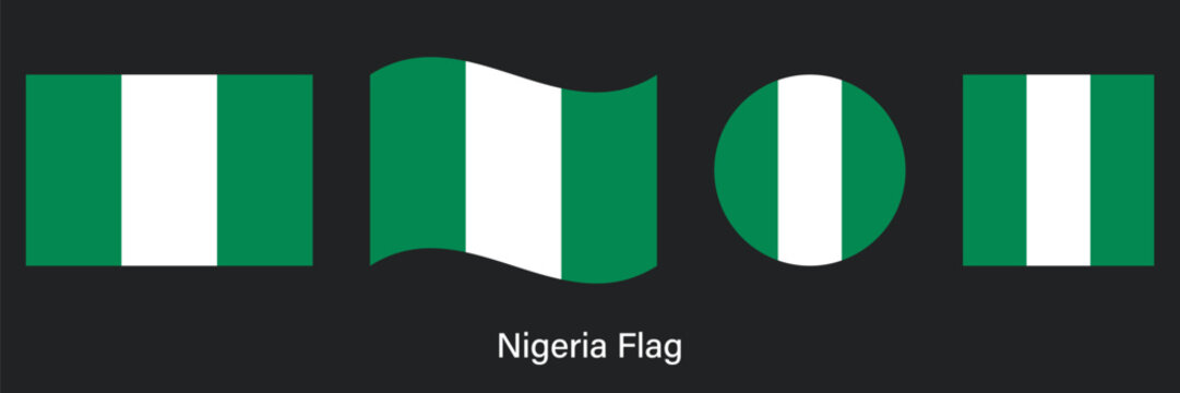 Nigeria Flag Set with Waving, Circle and Rectangle Shapes Vector Illustration