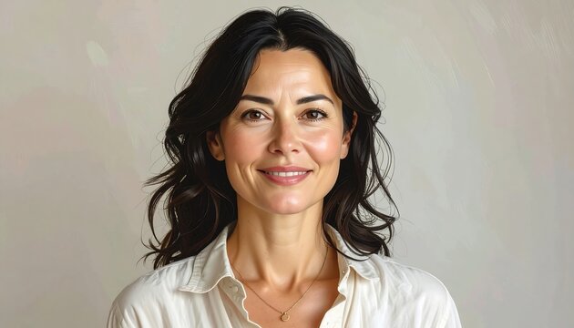 Portrait of a woman with dark hair and a warm smile. She's wearing a cream-colored button-down shirt, a delicate necklace