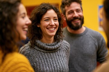 Obraz premium Couple greeting friends before dance practice in community center