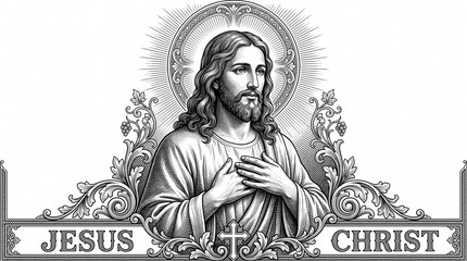 Fototapeta premium Jesus Christ Portrait: A black and white artistic portrayal of Jesus Christ, with a halo radiating light and his hands clasped over his heart, embodying divine compassion and faith.