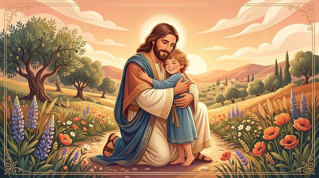 Divine Embrace: Jesus gently embraces a young child in a serene landscape, with rolling hills, olive trees, and a warm sunset sky, conveying unconditional love and spiritual peace.