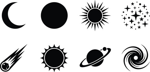 Space and Celestial Icon Set - Moon, Sun, Stars, Planet, Comet, Galaxy Vector Icons © MdMoksed