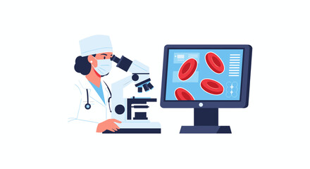 Obraz premium Female Scientist Analyzing Red Blood Cells Using Microscope and Computer Monitor in Medical Laboratory Vector Illustration