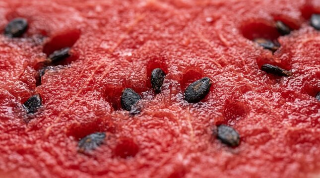 Extreme Close Up Macro Shot of Juicy Red Watermelon Flesh with Black Seeds