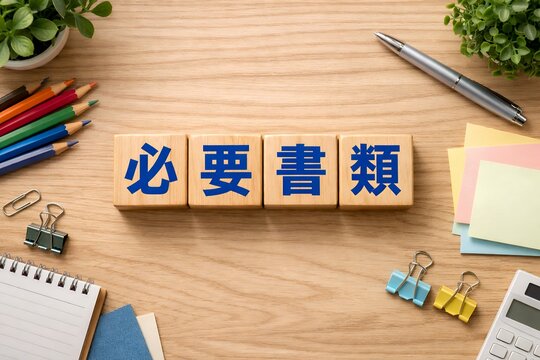 重要な手続き準備に役立つ必要書類の文字ブロックが並ぶビジネスデスク