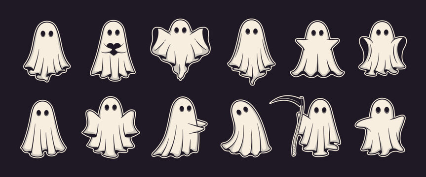 12 Cartoon Ghost set. Spooky Ghost icons. Cute ghost characters. Design elements for logo, badges, banners, labels, posters. Vector illustration