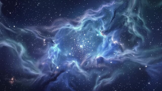 Ethereal blue nebula with a dense central star cluster surrounded by glowing interstellar gas and dust 4k video