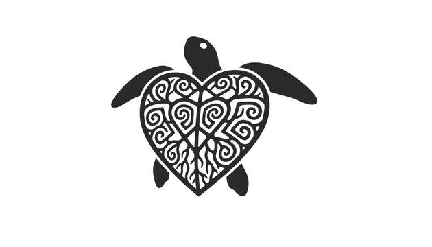 Black silhouette of a sea turtle with a heart shaped shell decorated with intricate tribal swirls on white background.