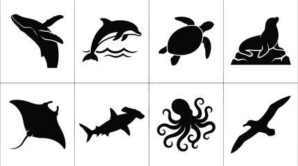 Marine life silhouettes set featuring whale dolphin sea turtle seal manta ray hammerhead shark octopus and seagull © Mehedi