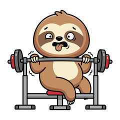 Obraz premium Funny cartoon sloth struggling to lift a heavy barbell on a weight bench in a gym setting sticking its tongue out and shaking with effort isolated on white