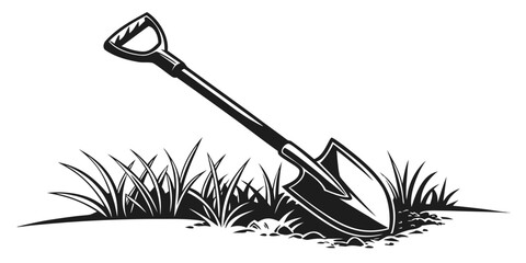 Black gardening shovel silhouette against white background, black shovel gardening tool © Akshay