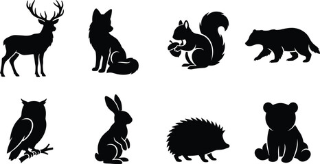 Woodland and forest animals black silhouette vector icons set featuring deer fox squirrel badger owl rabbit hedgehog and bear cub © Mehedi