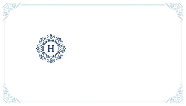Blue decorative monogram frame featuring the capital letter H inside a classic circular scrollwork border.