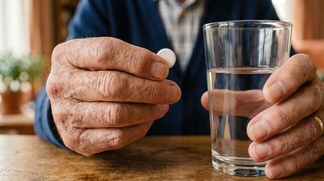 Senior Man Holding Pill Over Glass of Water on Wooden Table