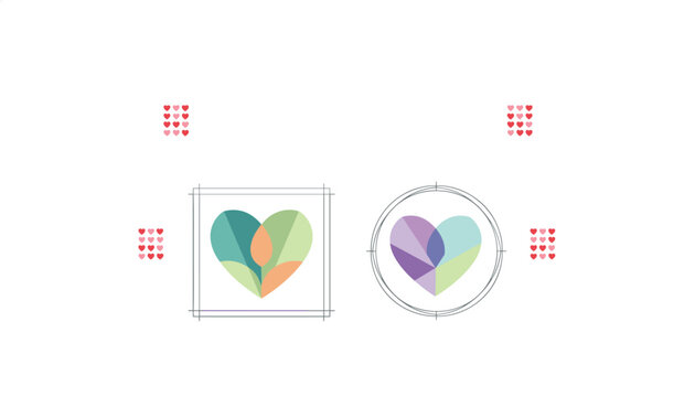 Logo design process template features colorful geometric heart shapes structured within construction grids and guidelines.