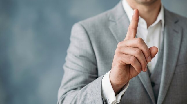 Man in Gray Suit Holding Up Finger for Attention or Warning Gesture
