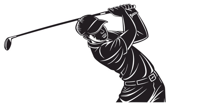 Black golfer silhouette swinging golf club, isolated, action pose golf swing