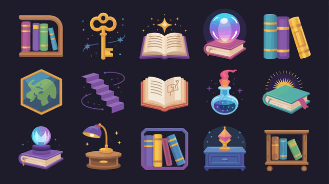 Vector set of mystery school supplies featuring spellbooks magic orbs glowing potion and old lamps.