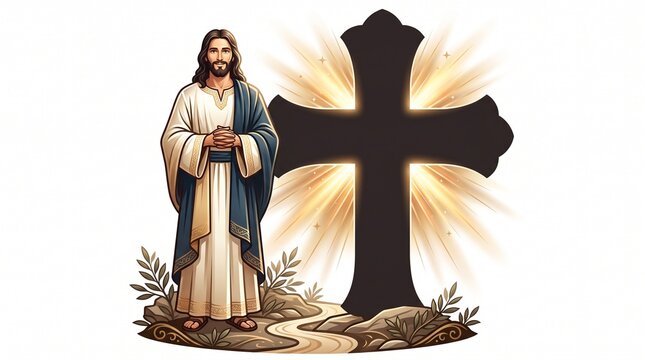 Jesus Christ standing with a glowing cross behind him representing faith and divine light