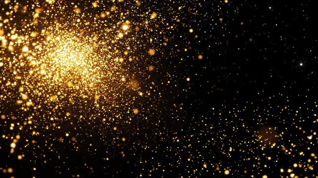 Abstract background of golden glowing particles and bokeh lights floating in dark space