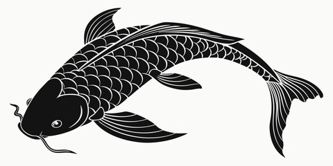 Black koi fish silhouette swimming, isolated on white background, swimming fish koi pattern © Akshay