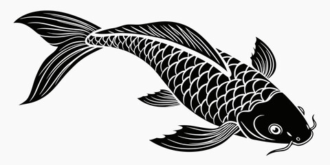 Black koi fish silhouette swimming, isolated on white background, swimming fish koi, fish outline © Akshay
