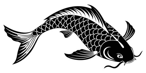 Black koi fish swimming, isolated on white background, fish silhouette swimming fish © Akshay