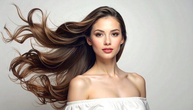 Portrait of a woman with long, flowing brown hair, gazing forward. She is wearing a white, off-the-shoulder top