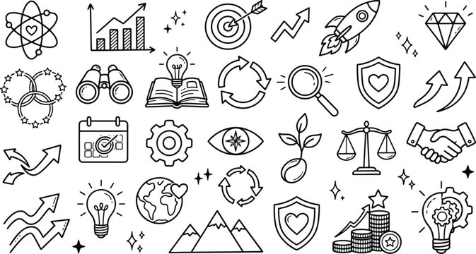 Collection of hand drawn business icons and growth strategy symbols with business strategy management lightbulb binocular magnifying calendar handshake mountain planning