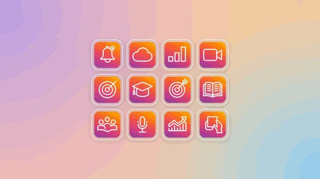 Set of education icons including bell cloud data video target graduation cap book people microphone graph.