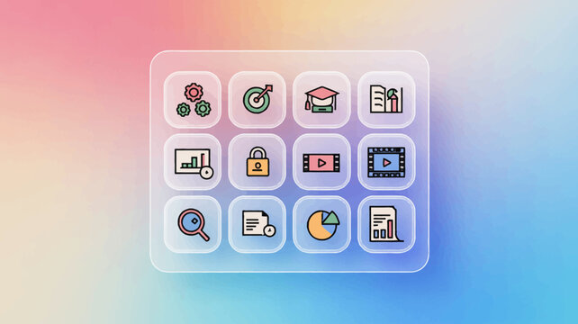 Set of education and business icons including gears target graduation cap document graph video lock.