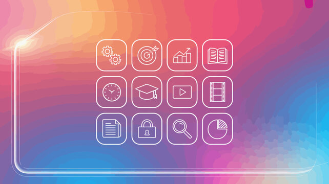 Set of education and business icons including gears target graph book clock graduation cap video.