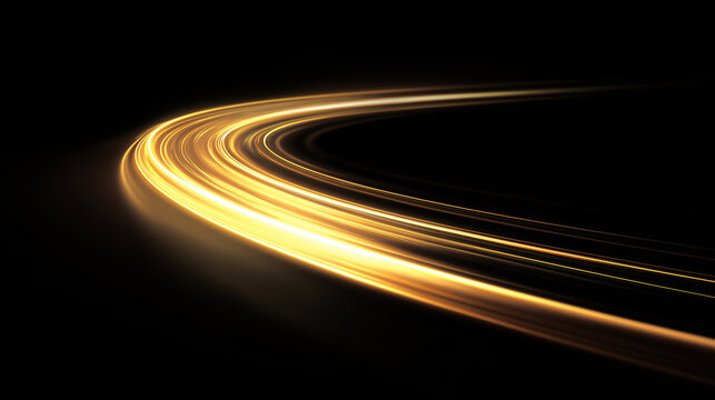 Curved golden light trail isolated on black for elegant design use, swirl trail, curved motion with neon energy effect digital, smooth glowing lines, futuristic speed line