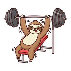 Obraz premium Funny cartoon sloth character struggling to lift a heavy barbell while doing a bench press workout in a gym as a humorous fitness illustration on a white background