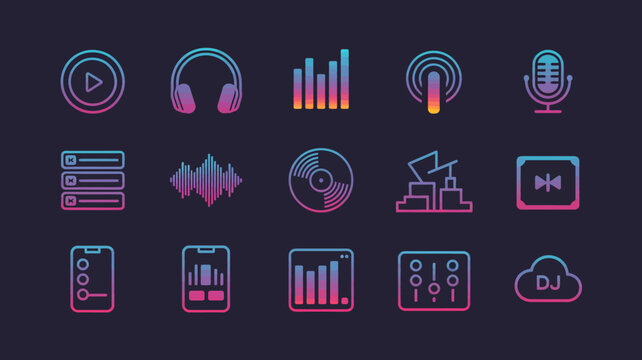 Digital sound icons featuring play button headphones level meter microphone and waveform illustrations.