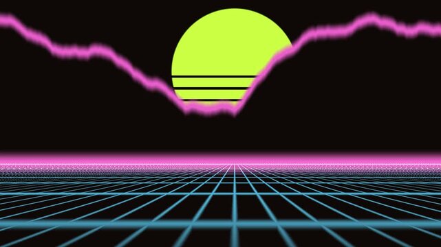 Retro Synthwave Landscape Animation with Neon Sun and Glowing Grid