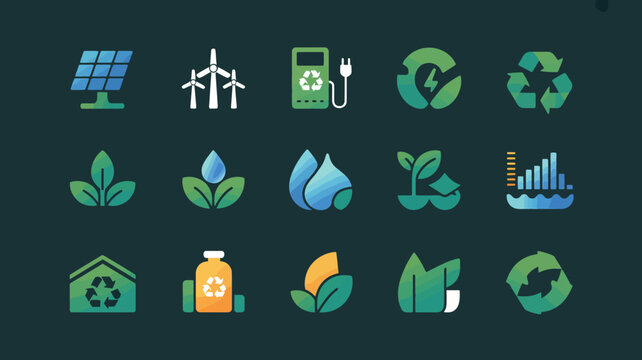 Eco friendly icons showing solar panels wind turbines electric charging recycling and green leaves.